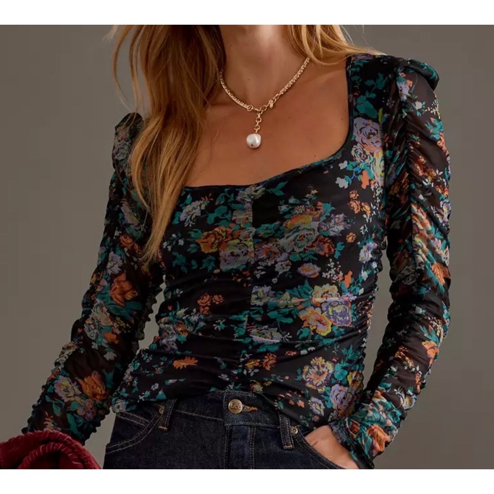 Anthropologie Ruched Mesh Top Women XXS NEW Dark Romantic Whimsigoth Prairie
